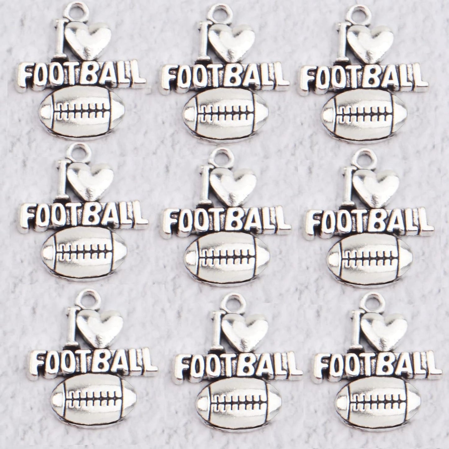 50 Pieces Antique Silver Football Charms Pendants Tibetan Alloy I Love Football Dangle Charms for DIY Necklace Crafts Jewelry Making