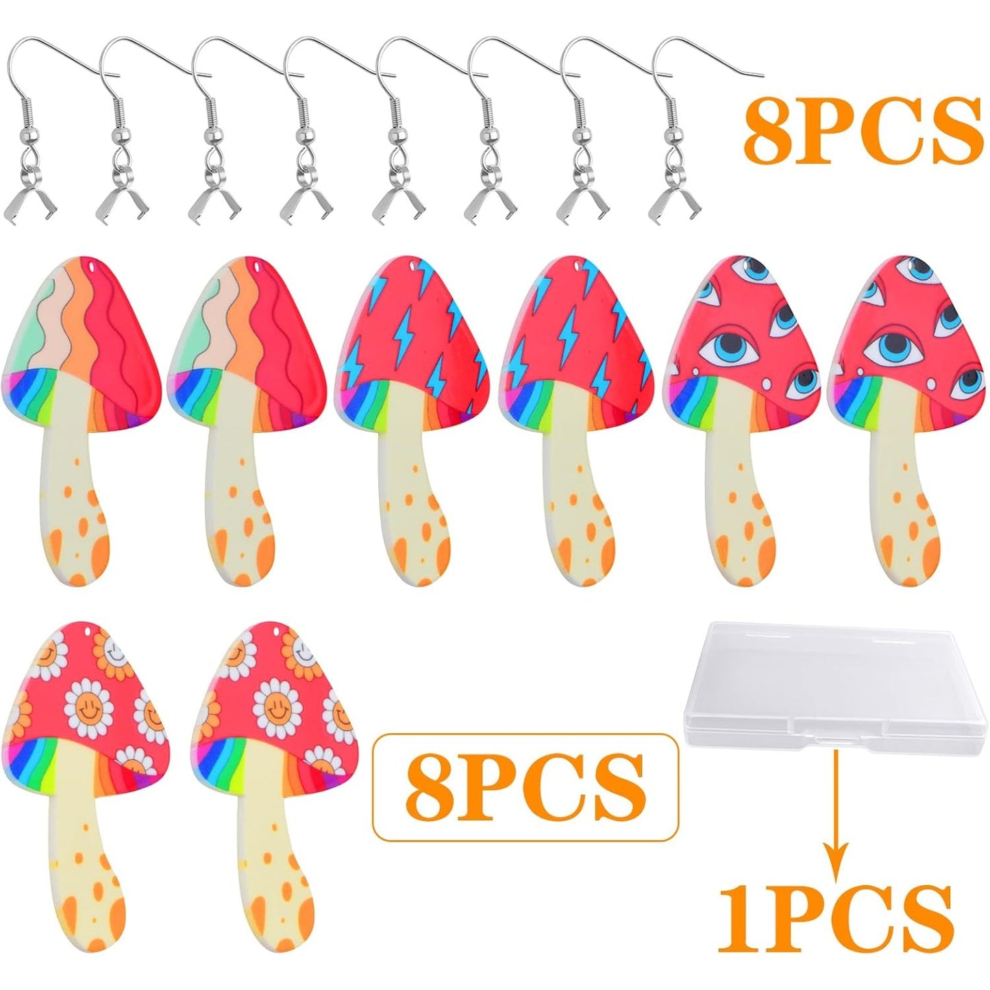 4 Pairs Acrylic Multicolor Mushroom Charms & 8pcs Silver Earring Hooks with Pinch Bail Clasps for DIY Jewelry Making