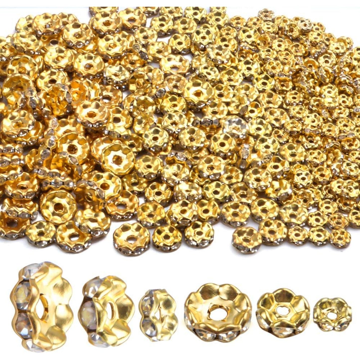 400pcs 3 Sizes Crystal Spacer Beads Loose Round Rhinestone Beads Rondelle for Bracelets Necklaces Jewelry Making,6mm/8mm/10mm,Gold