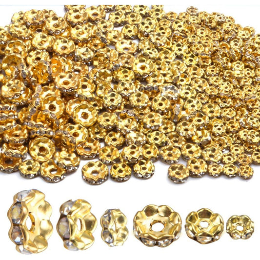 400pcs 3 Sizes Crystal Spacer Beads Loose Round Rhinestone Beads Rondelle for Bracelets Necklaces Jewelry Making,6mm/8mm/10mm,Gold