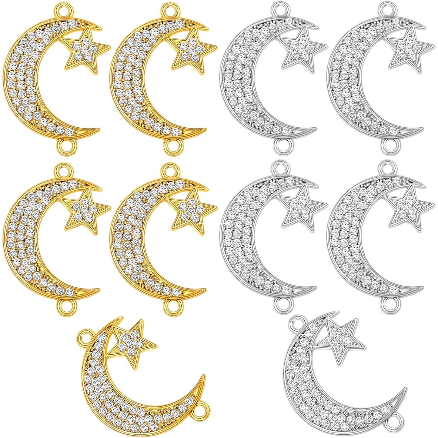 10 Pieces Crescent Moon and Star Charms Connectors with Rhinestone Alloy Moon Dangle Pendants with Double Loops for DIY Necklace Earrings Jewelry Making Supplies, 2 Colors