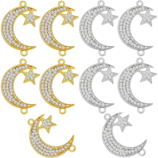 10 Pieces Crescent Moon and Star Charms Connectors with Rhinestone Alloy Moon Dangle Pendants with Double Loops for DIY Necklace Earrings Jewelry Making Supplies, 2 Colors