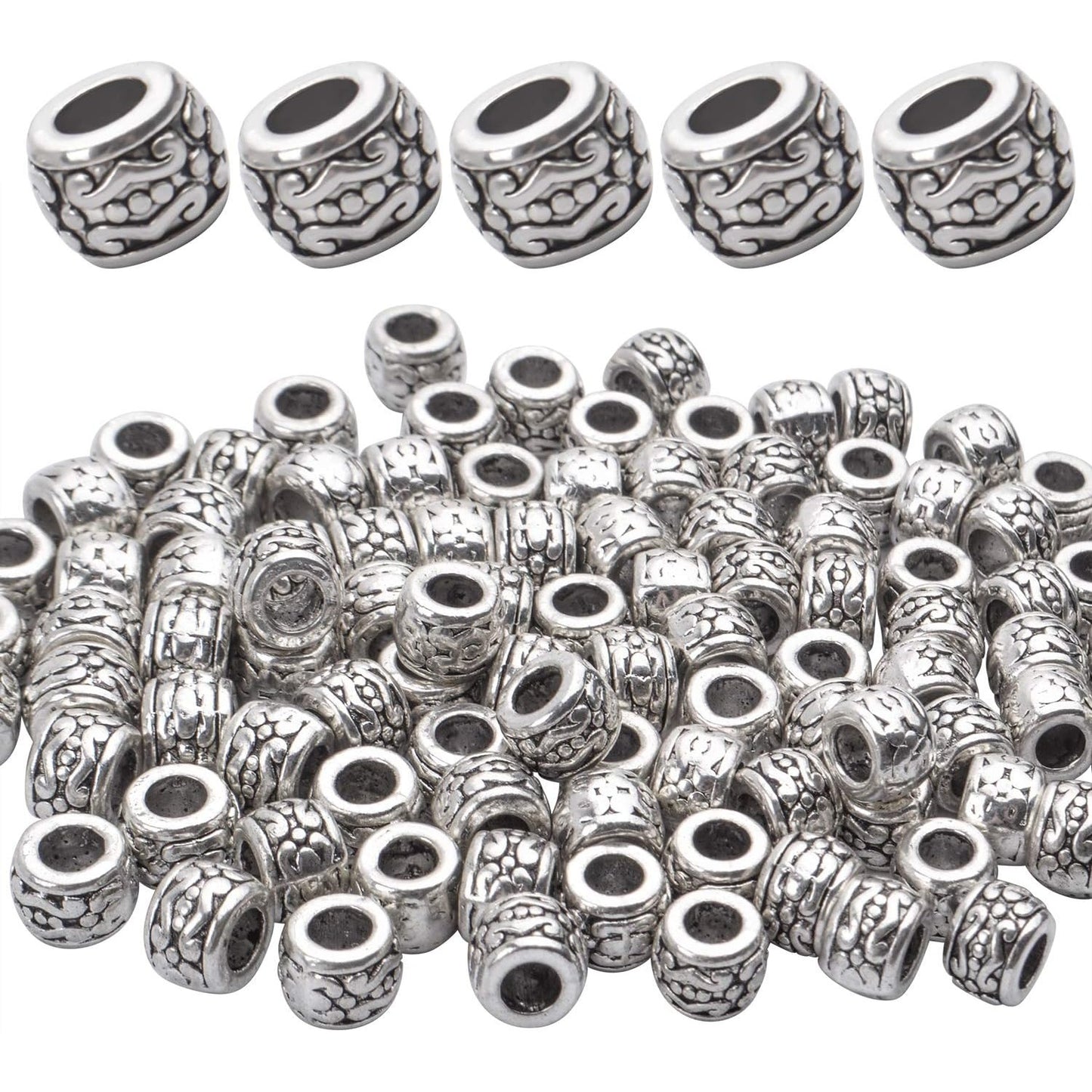 BronaGrand 100pcs Tibetan Antique Silver Spacer Beads - Large Hole, Hollow Tube Charms for DIY Necklace & Bracelets