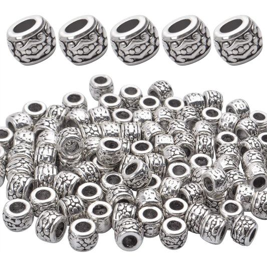 BronaGrand 100pcs Tibetan Antique Silver Spacer Beads - Large Hole, Hollow Tube Charms for DIY Necklace & Bracelets