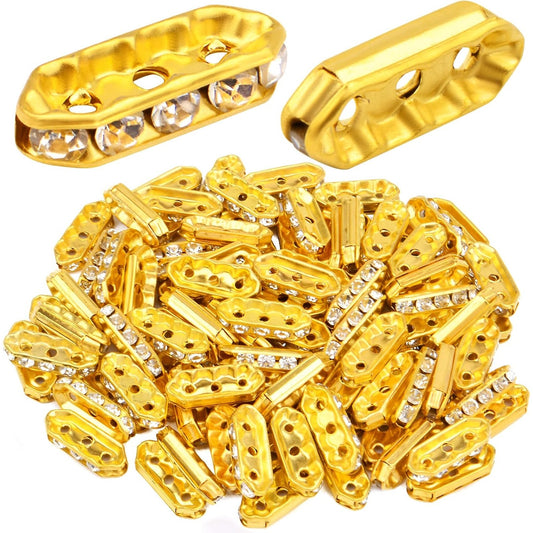 100pcs Rhinestone Spacer Bars Crystal Beads 3-Hole Alloy Spacers Bar Link Connectors for Multi Strand Bracelet Jewelry Making Accessory, Golde
