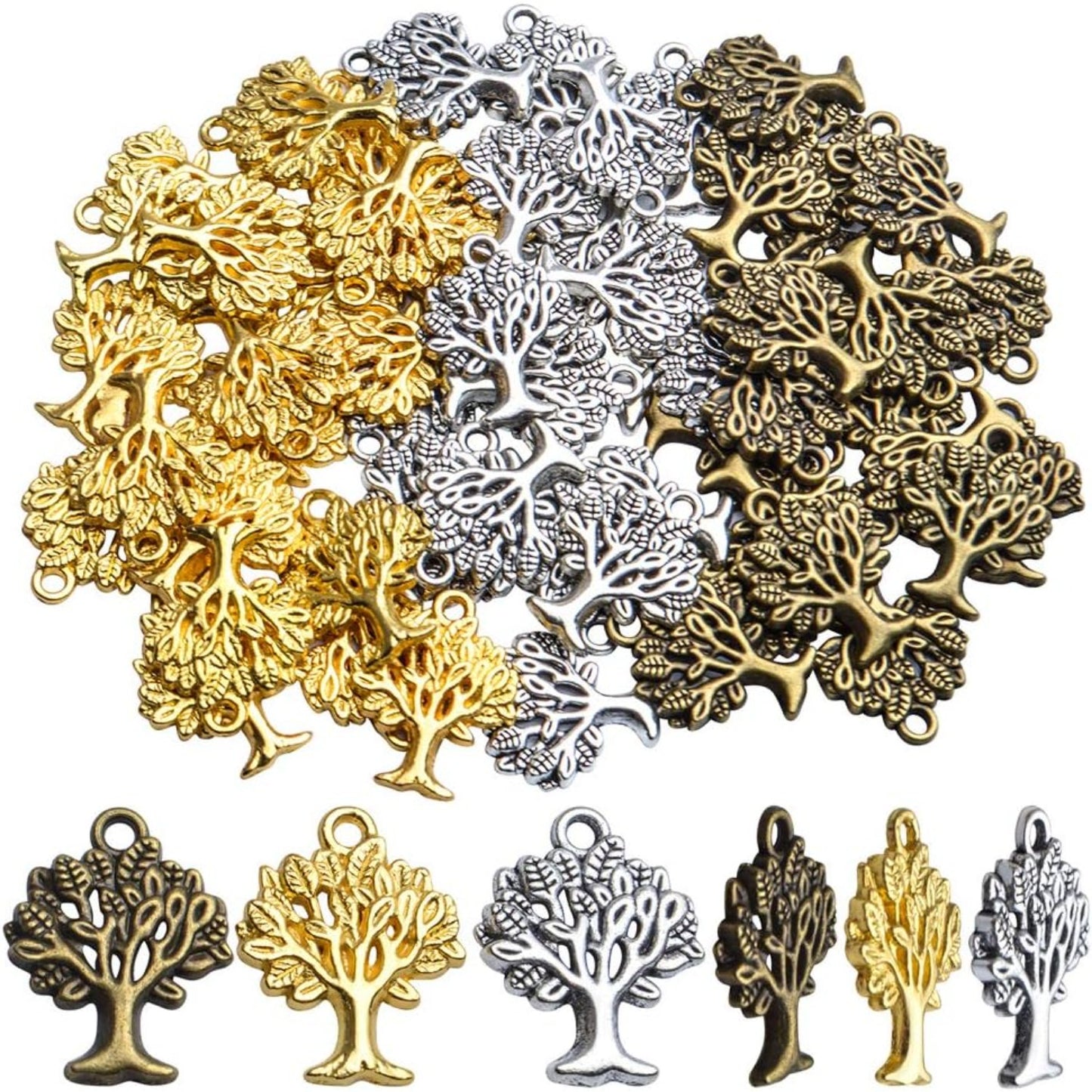Tree of Life Chrmas,60pcs Wholesale Craft Supplies Tibetan Tree Pendants Charms Vintage Jewelry Making Accessories for DIY Bracelets Necklace,Antique Silver Bronze Golden