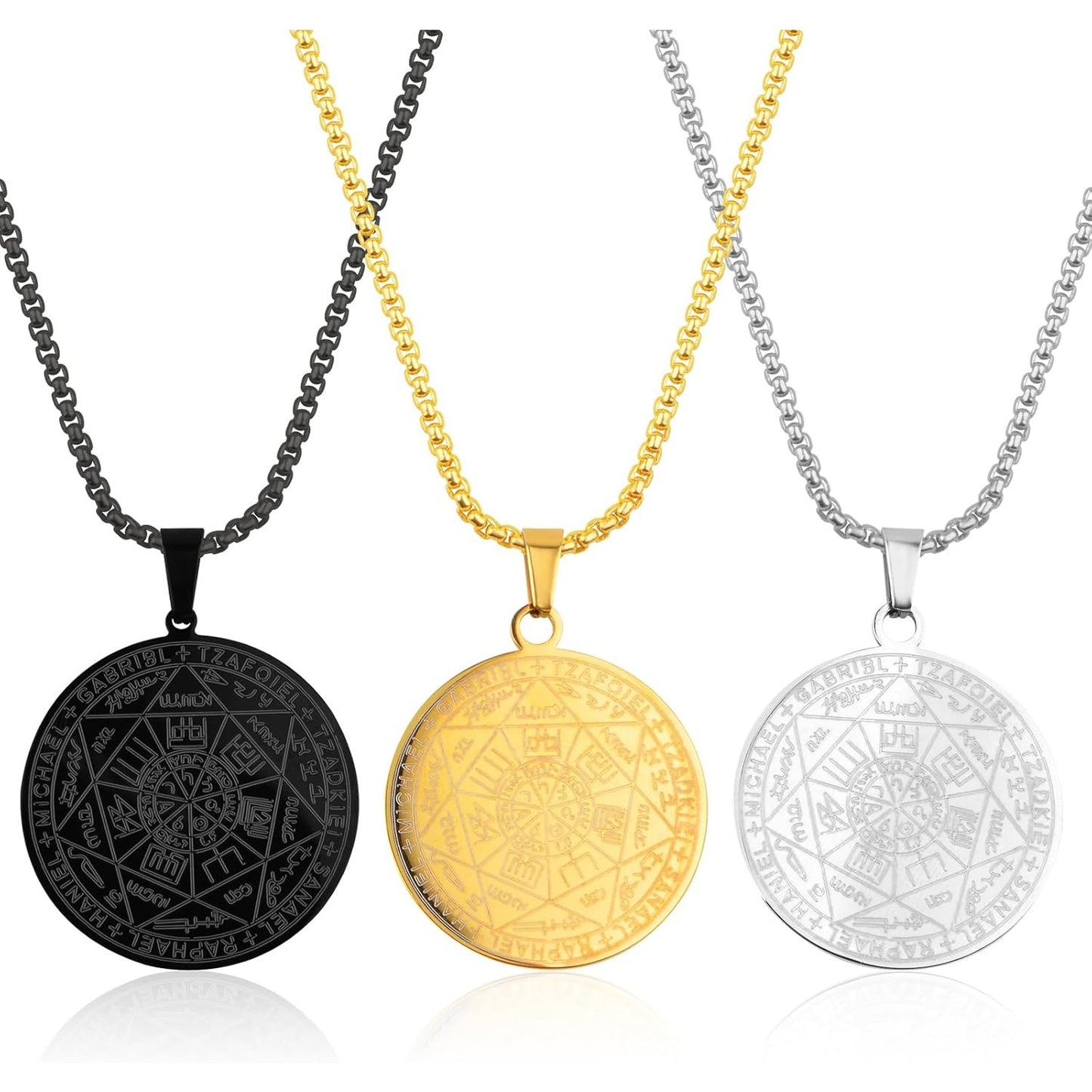 3pcs Archangels Pendant Necklaces - Stainless Steel Seven Princes of Heaven Seal of the Archangel Michael Coin Pendant Medal with Chain for Men and Women Protection Amulet
