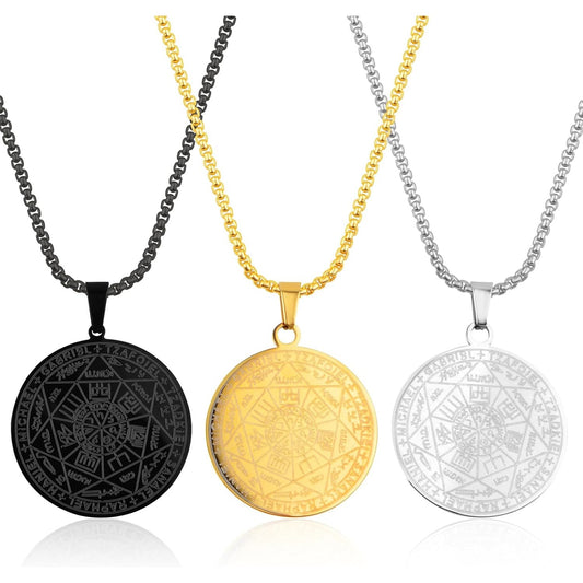 3pcs Archangels Pendant Necklaces - Stainless Steel Seven Princes of Heaven Seal of the Archangel Michael Coin Pendant Medal with Chain for Men and Women Protection Amulet