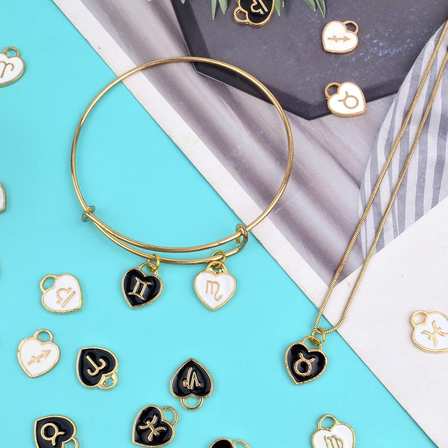 48pcs (4 Sets) Heart Enamel 12 Constellations Charms Double Sided Zodiac Sign Dangle Pendants Craft Supplies for DIY Necklace Bracelet Earrings Jewelry Making, 2 Colors
