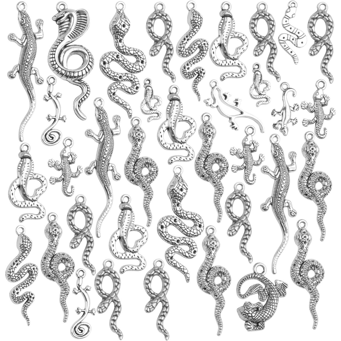100g (About 25-40pcs) Antique Silver Snake Charms Assorted Serpent Pendants Lizard Charms Jewelry Accessories for Bracelet Necklace Earring Making