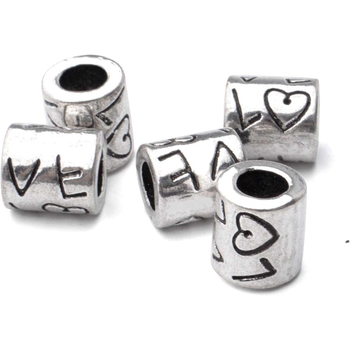 50pcs Tibetan Antique Silver Large Hole Spacer Beads 'Love' Word Column Beads Tube Spacers for Bracelet Necklace Jewelry Crafts Making Supplies