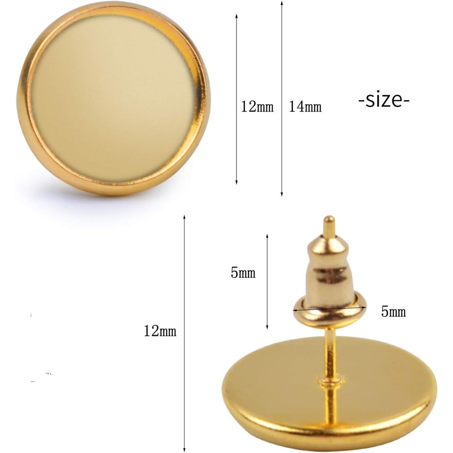 50 Pieces Stainless Steel Stud Gold Earring Cabochon Setting Post Cup for 12mm and 50 Pieces Bullet Clutch Earrings Safety Backs