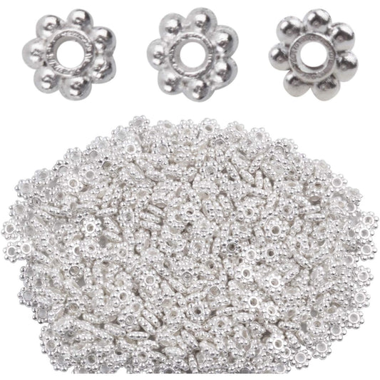 BronaGrand 500pcs Metal Daisy Spacer Beads 4mm for DIY Jewelry Making(Silver)