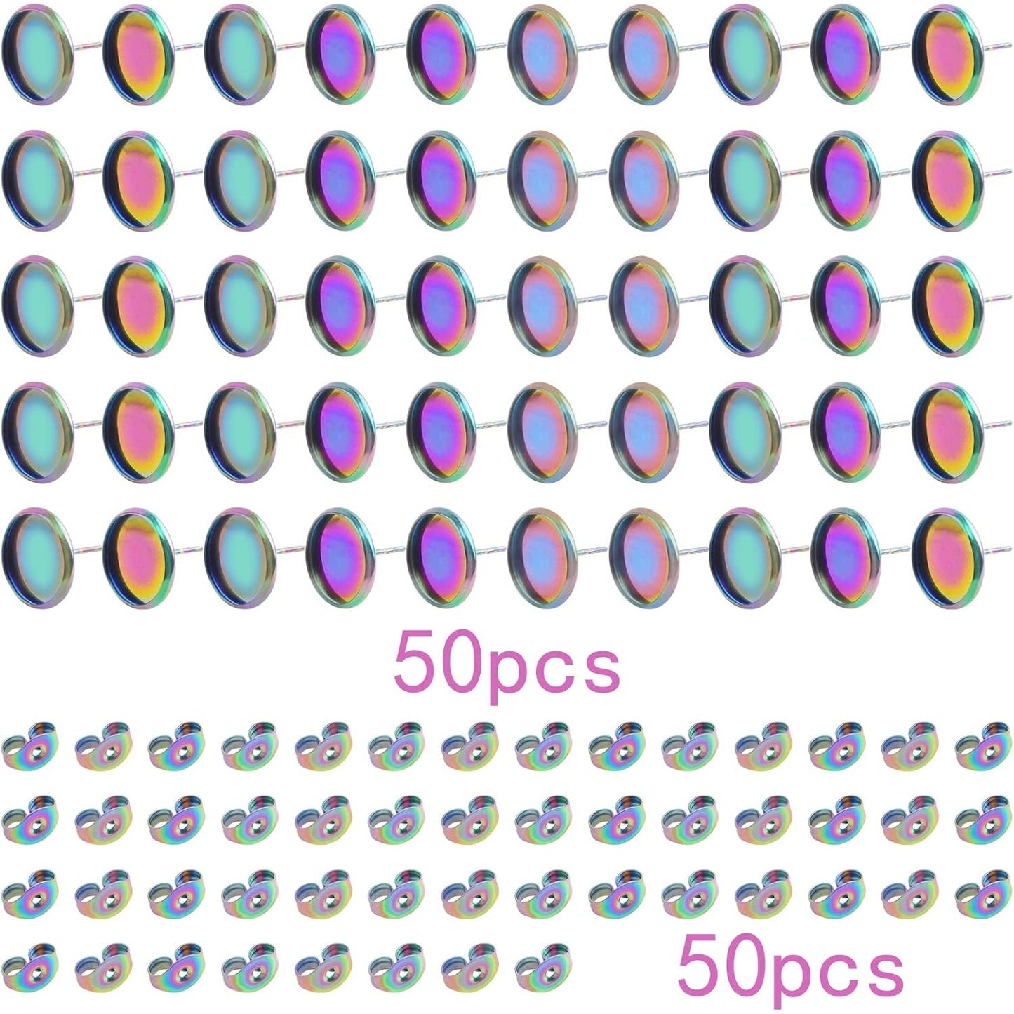 50pcs Stainless Steel Stud Earring Cabochon Settings Flat Round Blank Bezel Earring Post Cup fit for 12 mm Cabochon with 50pcs Butterfly Earring Backs for DIY Jewelry Making, Rainbow Color