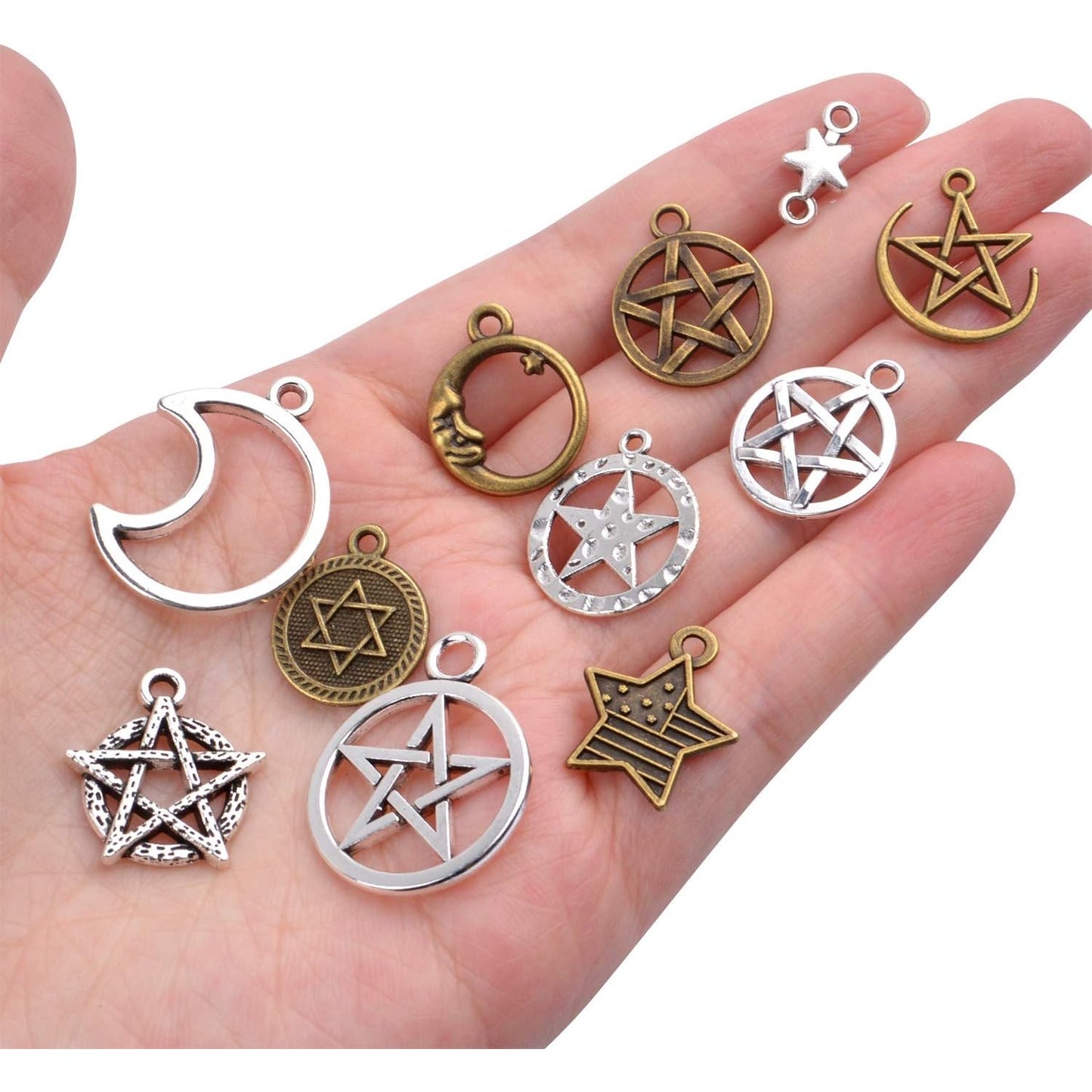 100pcs Mixed Sun Moon Star Charms Antique Alloy Celestial Charms Pentagram Pendants for Bracelets Necklaces Crafts