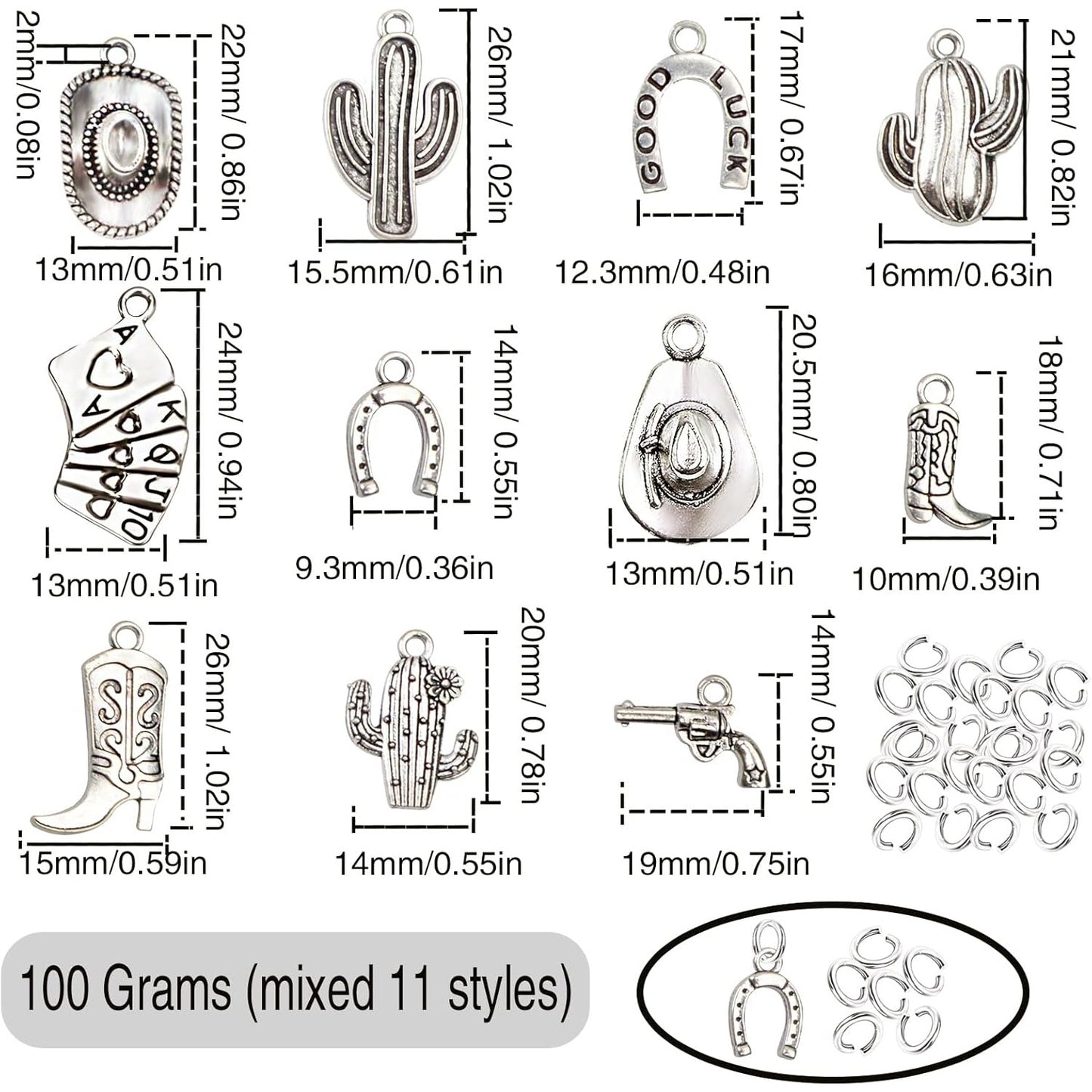 100 Grams Alloy Western Cowbo Cowgi Charms Antique Silver Mixed Cowb Boot Hat Horseshoe Dangle Pendants with 80pcs Split Rings for DIY Necklace Bracelet Earrings Jewelry Making