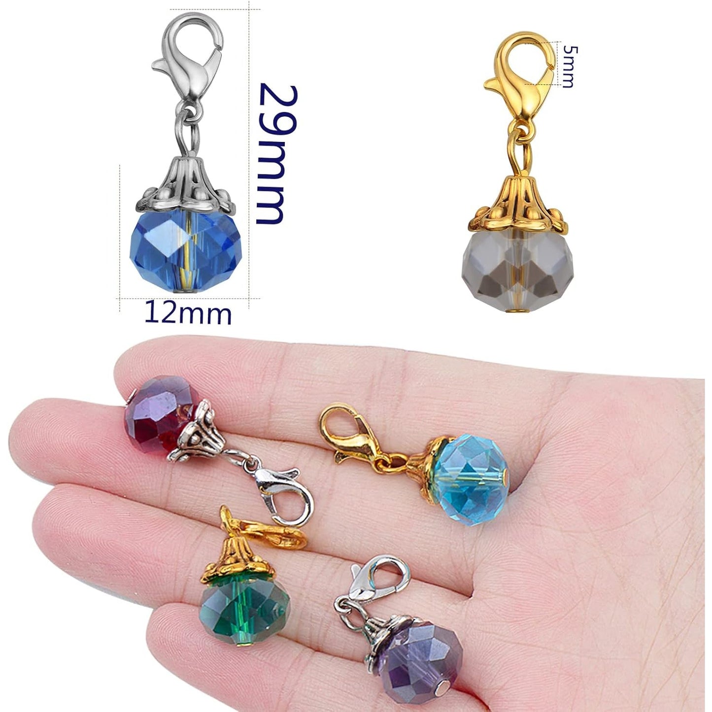 40pcs Colorful Crystal Dangle Charms Antique Golden Silver Flower Bead Cap Drops Pendants with Lobster Claw Clasps for DIY Bracelet Necklace Earrings Jewelry Making