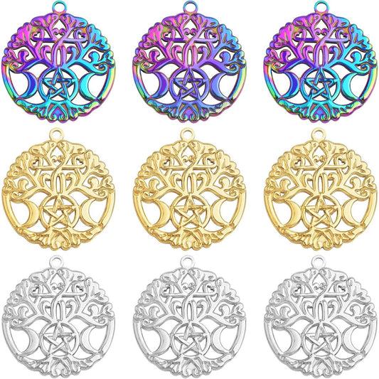 9pcs Hollow Crescent Moon and Star Charms Triple Moon Goddess Pendants Celestial Pentagram Moon Flower Dangle Pendants for DIY Necklace Earrings Jewelry Making Decor, 3 Colors