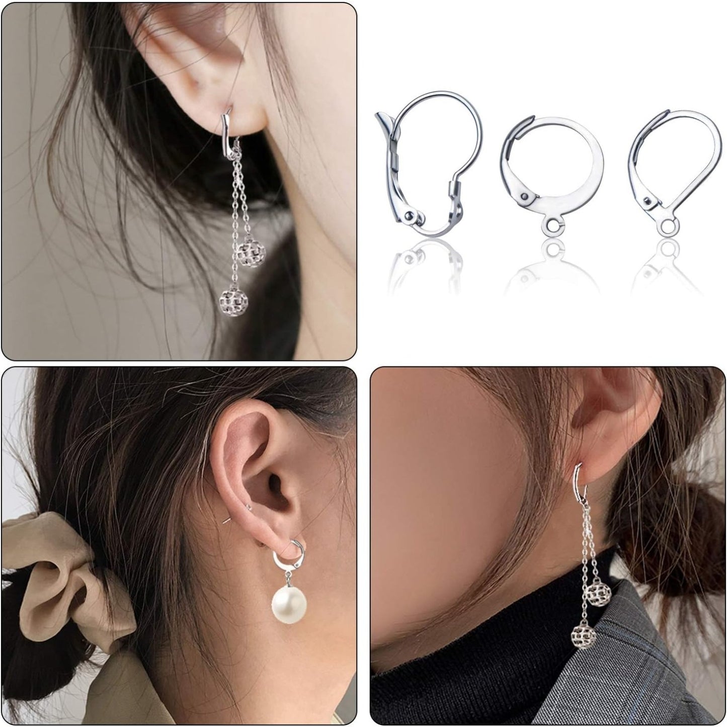 30pcs Stainless Steel Leverback Earrings Hooks: Round, Oval, Gourd - Silver