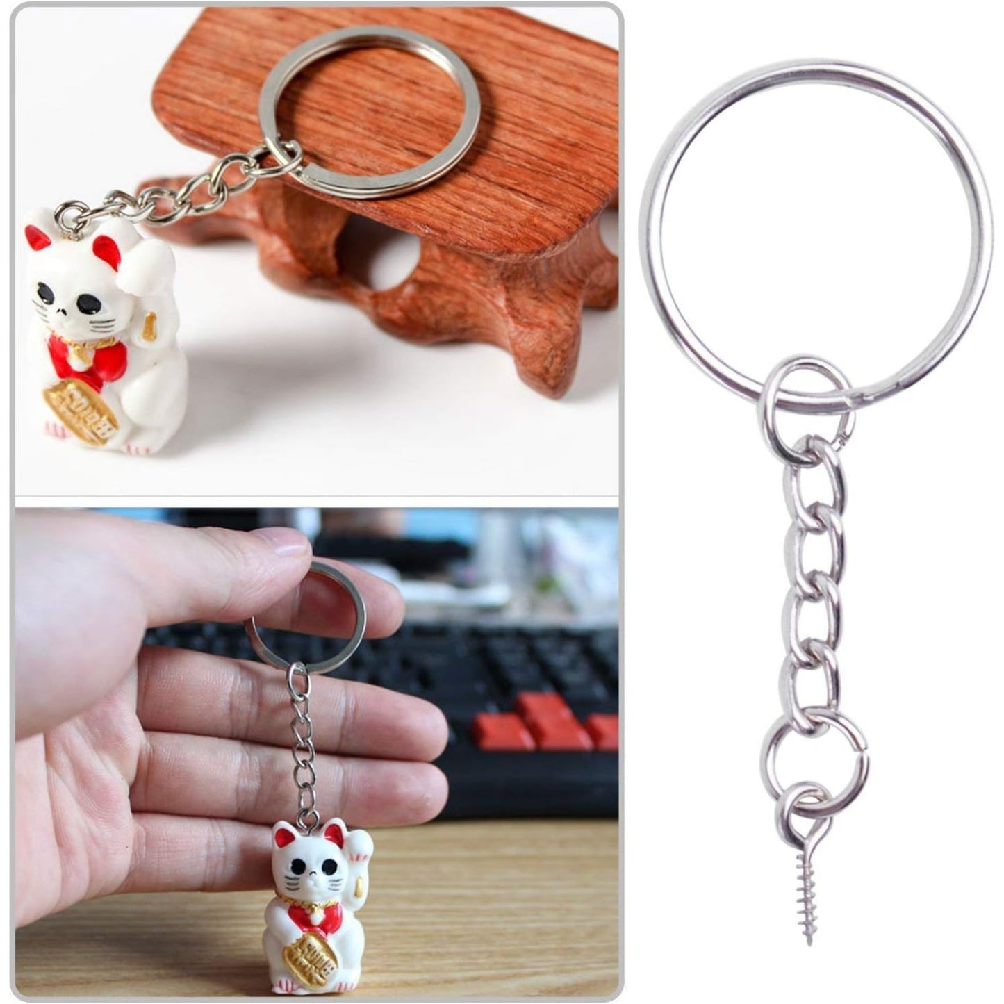 BronaGrand 50pcs 25mm Split Key Ring with Extend Chain and 12mm Screw Eye Pin for Craft Charm Making