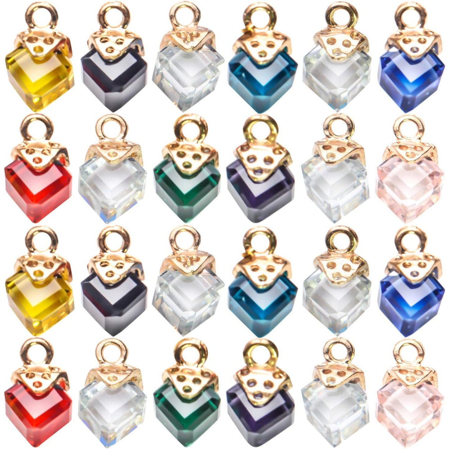 24 Pcs Cube Crystal Charms Bulk Rhinestone Pendants, 12 Colors for DIY Jewelry Making Supplies