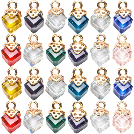 24 Pcs Cube Crystal Charms Bulk Rhinestone Pendants, 12 Colors for DIY Jewelry Making Supplies
