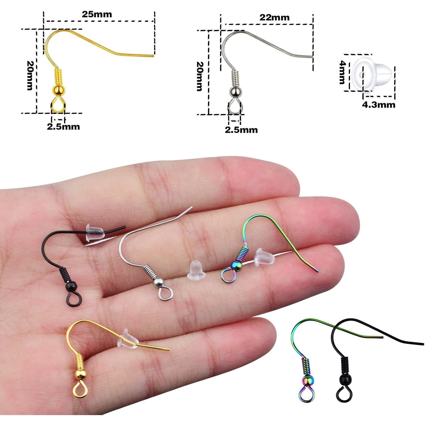 40pcs Stainless Steel Earring Hooks Hypo-allergenic Ear Wires Fish Hooks Earring Findings with 40pcs Clear Bullet Earring Backs Stoppers for DIY Jewelry Making, 4 Colors