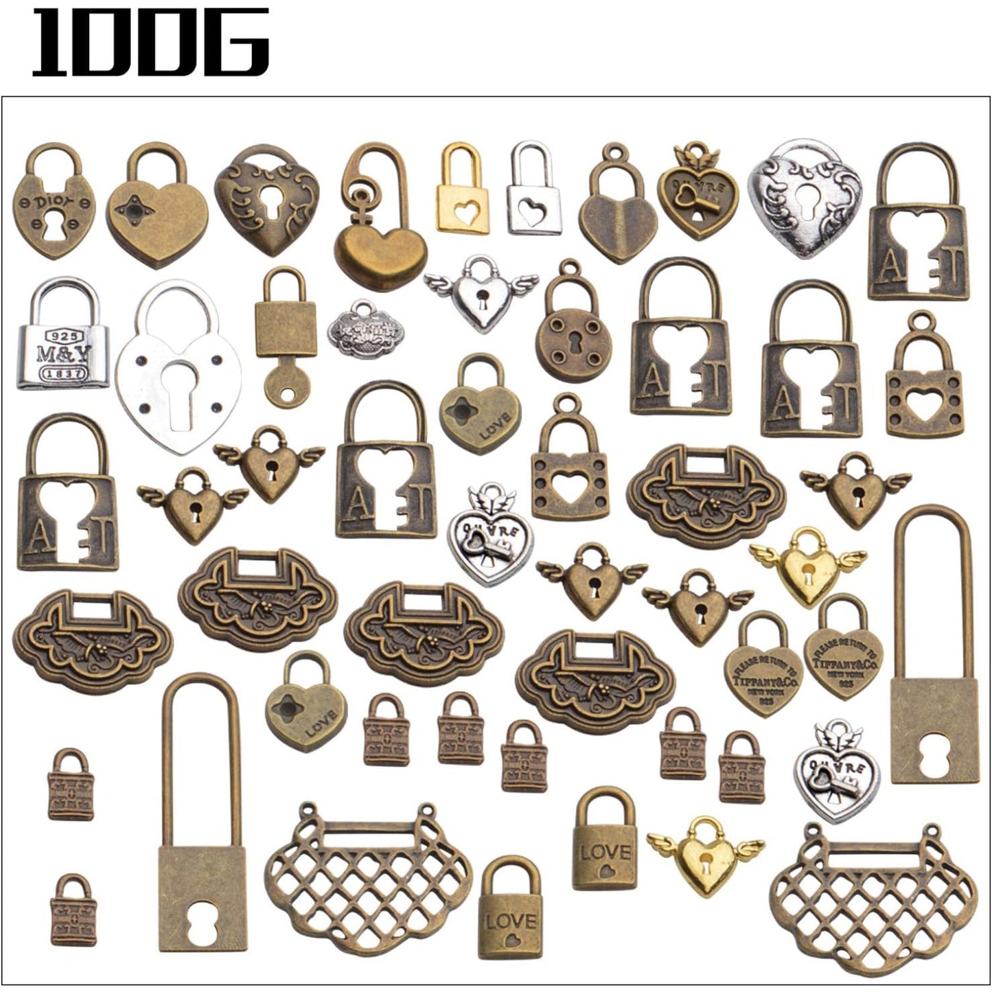 Heart Lock Charms, 100 Gram Tibetan Mixed Styles Heart Lock Pendants Retro Love Charm Jewellery Making Accessories for DIY Craft Bracelets Necklace Findings Crafting