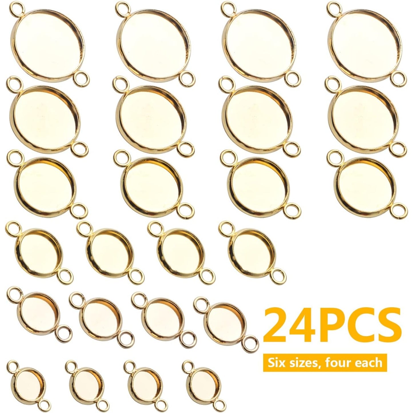 24pcs Stainless Steel Round Blank Bezel Pendant Cabochon Connectors Stud Earring Pendant Trays Blanks Links for DIY Jewelry Making Photo Resin Art Crafts, 6 Sizes