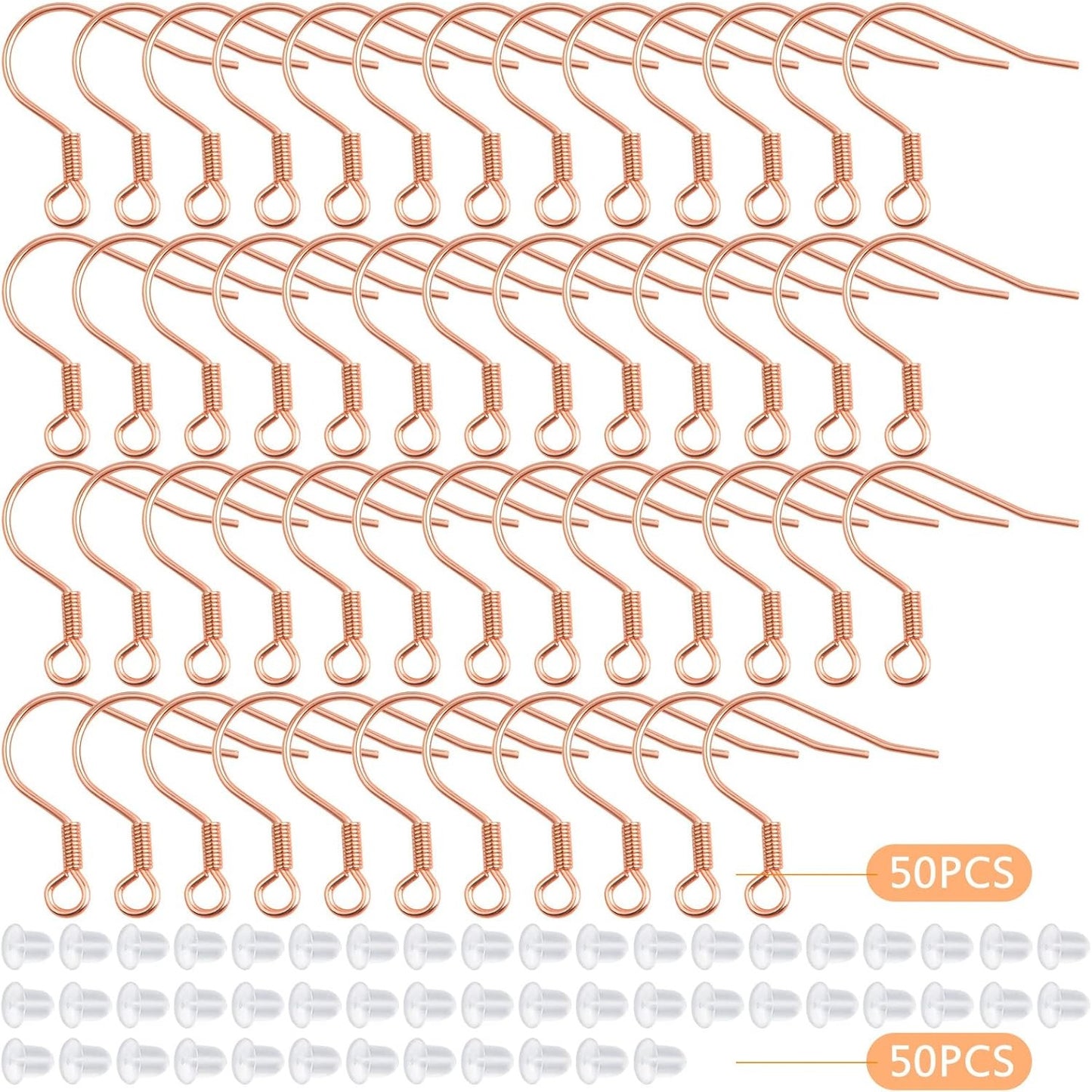 50pcs Stainless Steel French Earring Hooks Hypoallergenic Ear Wire Fish Hooks with 50pcs Silicone Earring Safety Backs for DIY Earrings Jewelry Making Supplies, Rose Golden