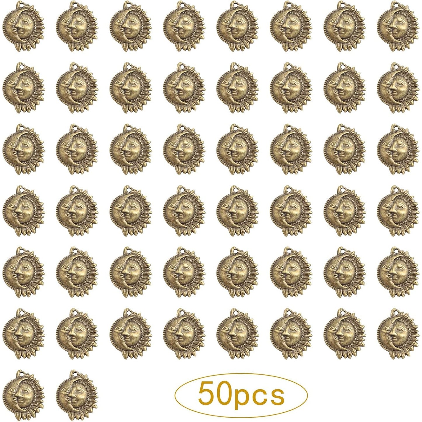 50pcs Sun and Moon Charms Pendants Alloy Sun Smile Celestial Craft Supplies for Necklace Bracelet DIY Jewelry Making Accessories