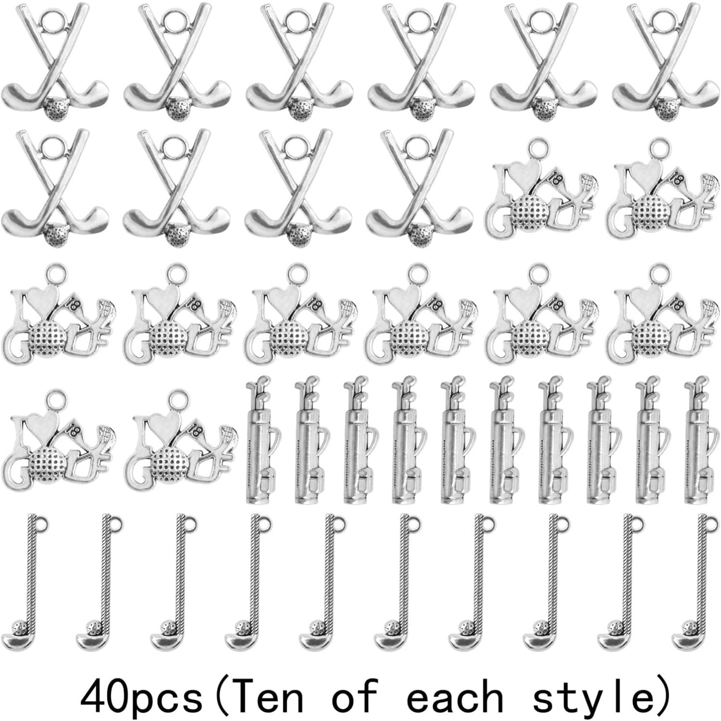 40pcs Antique Silver Assorted Golf Theme Charms Tibetan Alloy Sports Spirit Golfing Pendants Golf Club Charms Bulk for DIY Crafts Necklace Earrings Jewelry Making, 4 Styles