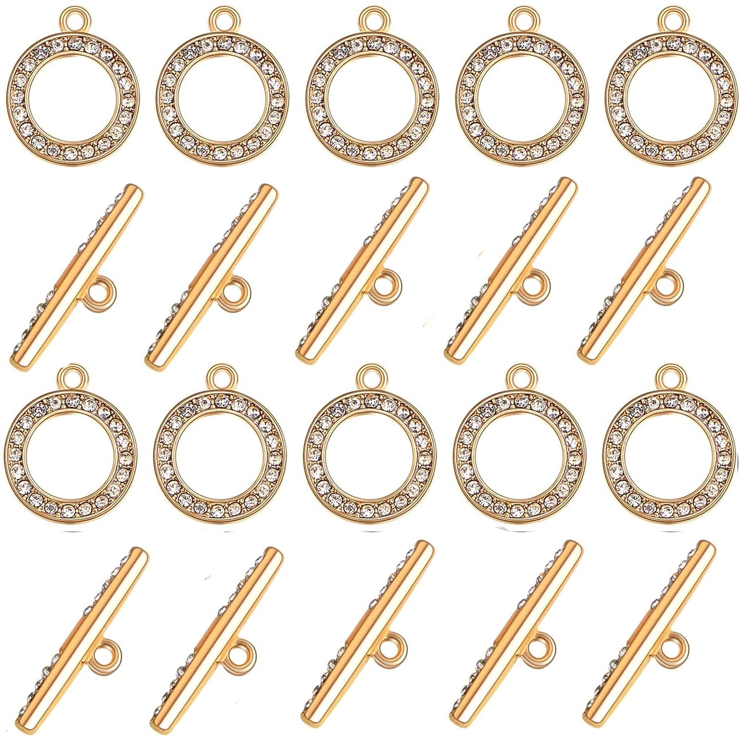 10 Sets Round Metal Toggle Clasps Bracelet Closure Fastener Buckle OT End Clasps T-Bar Connectors and Ring Clasps with Rhinestone for DIY Craft Necklace Jewelry Making, 2 Colors