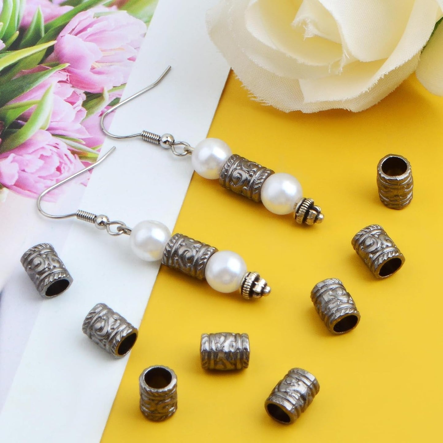 100pcs Large Hole Spacer Beads Alloy Column Loose Beads Gun Black Filigree Pattern Barrel Tube Beads Accessories for DIY European Charms Bracelet Jewelry Making, Hole: 5 mm