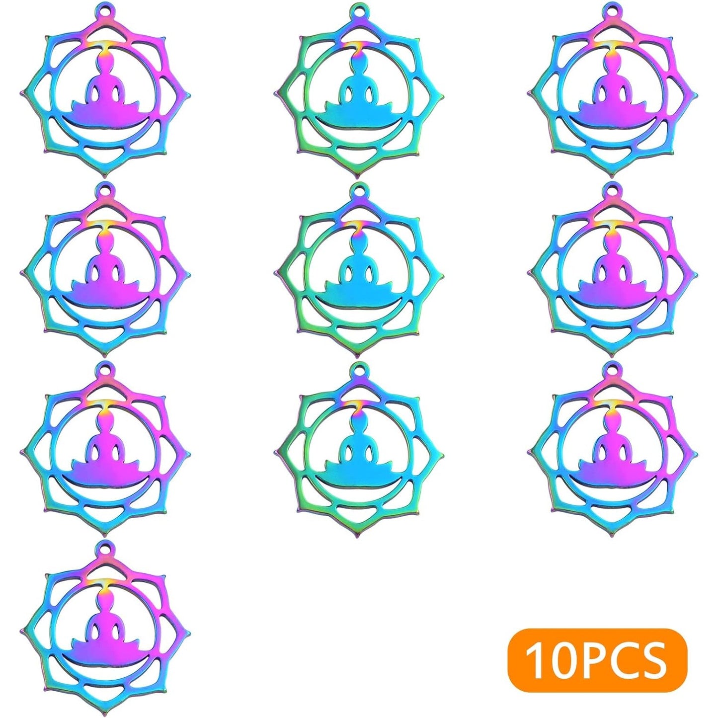 10pcs Stainless Steel Buddha on a Lotus Flower Charms Hypoallergenic Round Hollow Lotus Flower Buddhist Pendant Charms for DIY Necklace Earrings Jewelry Making Supplies, Rainbow Color