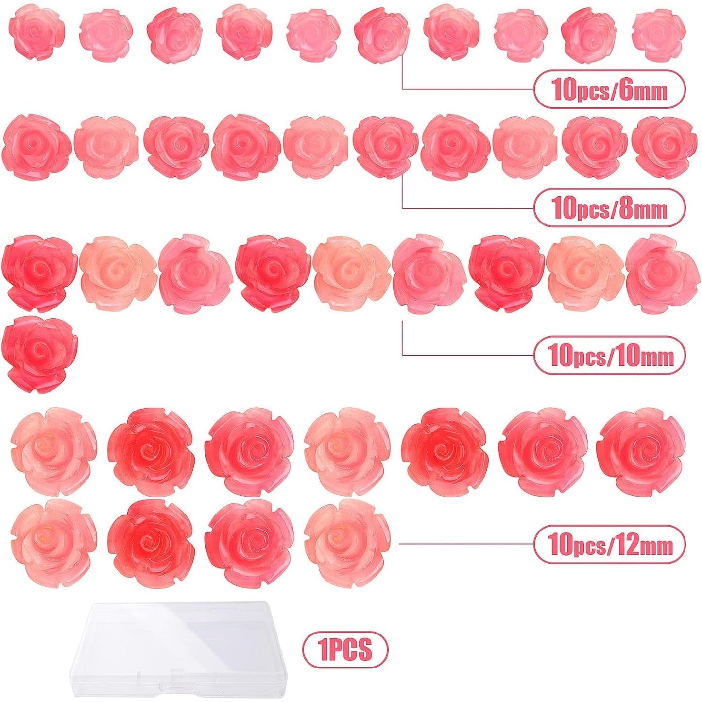40pcs Shell Carved Rose Flower Beads Pink Rose Spacer Beads Flower Loose Beads Embellishments with a Box for DIY Crafts Scrapbooking Jewelry Making,4 Sizes