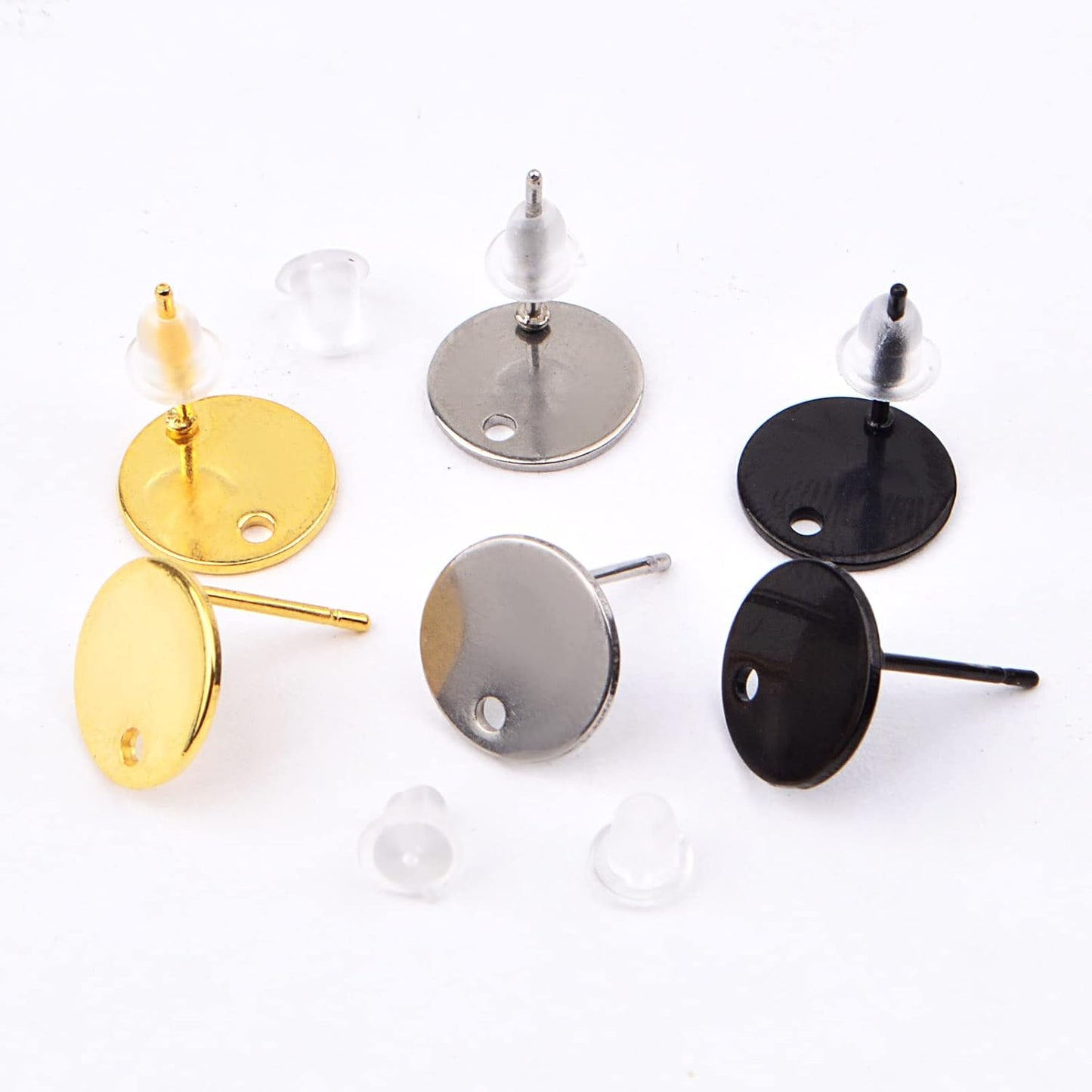 30pcs 3 Colors Stainless Steel Stud Earrings Flat Round Pad Earring Posts Findings with Hole and 30pcs Clear Silicone Earring Backs for Women DIY Jewelry Making