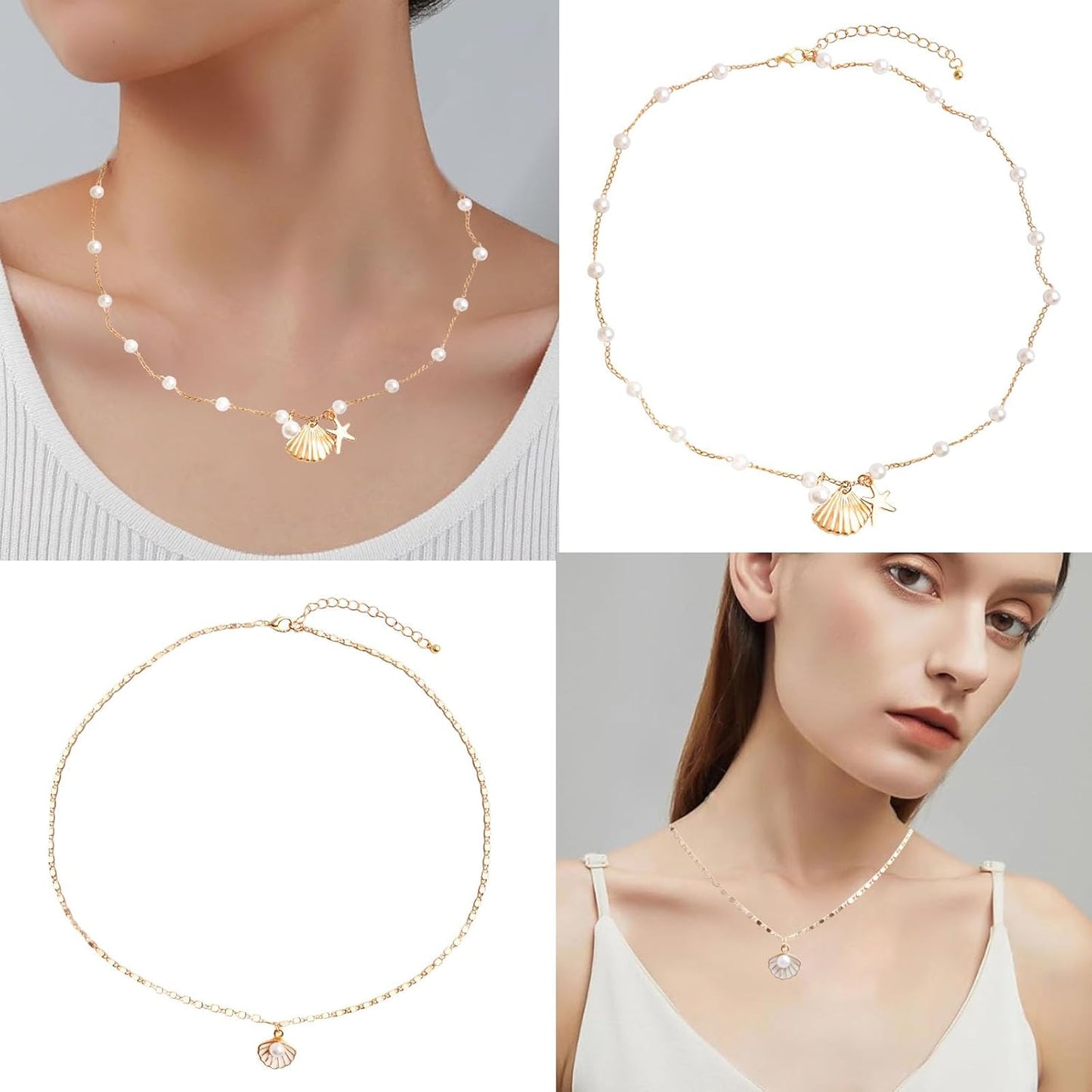 2pcs Bohemian Puka Shell Necklaces Layered Sequins Starfish Conch Seashell Pearl Beaded Choker Necklace Surfer Hawaii Jewelry Accessories for Women Summer Beach