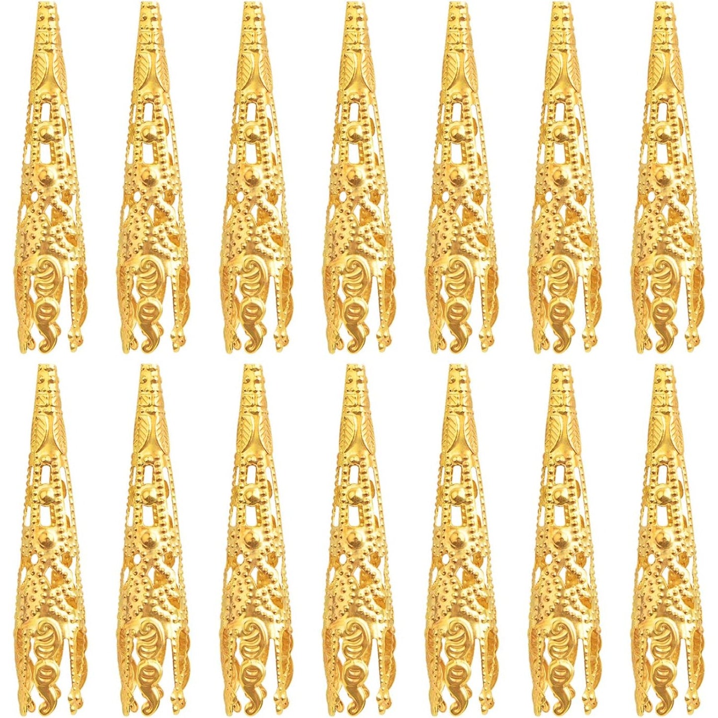 100pcs Golden Long Horn-shaped Flower Bead Caps Hollow Cone Bead End Caps Filigree Flower Spacers Hair Braid Beads for Women DIY Neckalce Earrings Hairpins Craft Projects