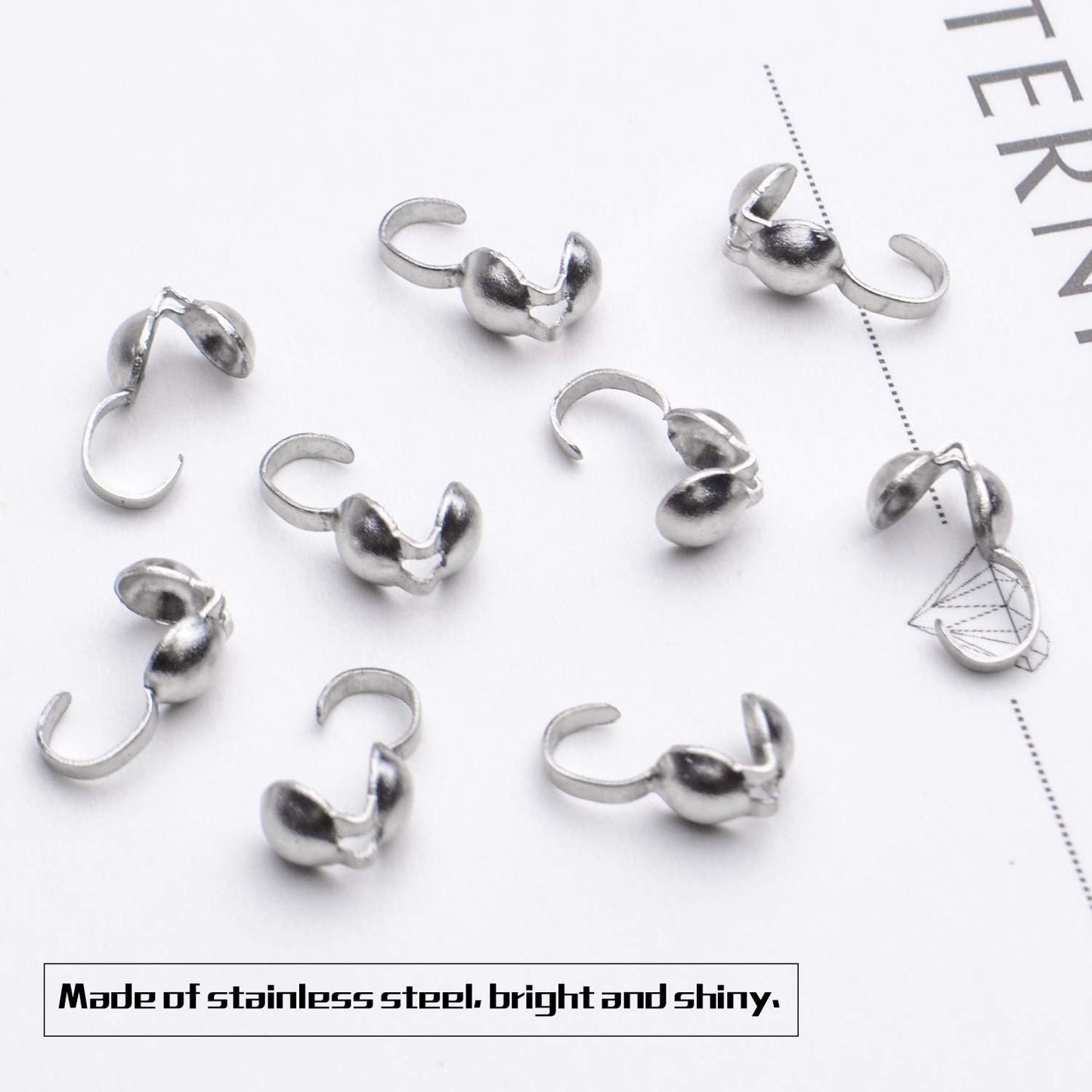 Calottes End Crimps,200Pcs Stainless Steel Fold-Over Bead Tips Clamshell Crimp Bead Tips Knot Covers for Knots,Cord Ends,Crimps Jewelry Making