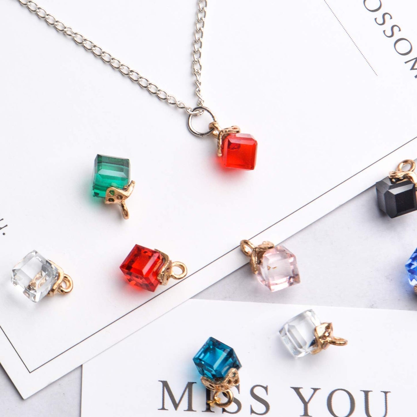 24 Pcs Cube Crystal Charms Bulk Rhinestone Pendants, 12 Colors for DIY Jewelry Making Supplies