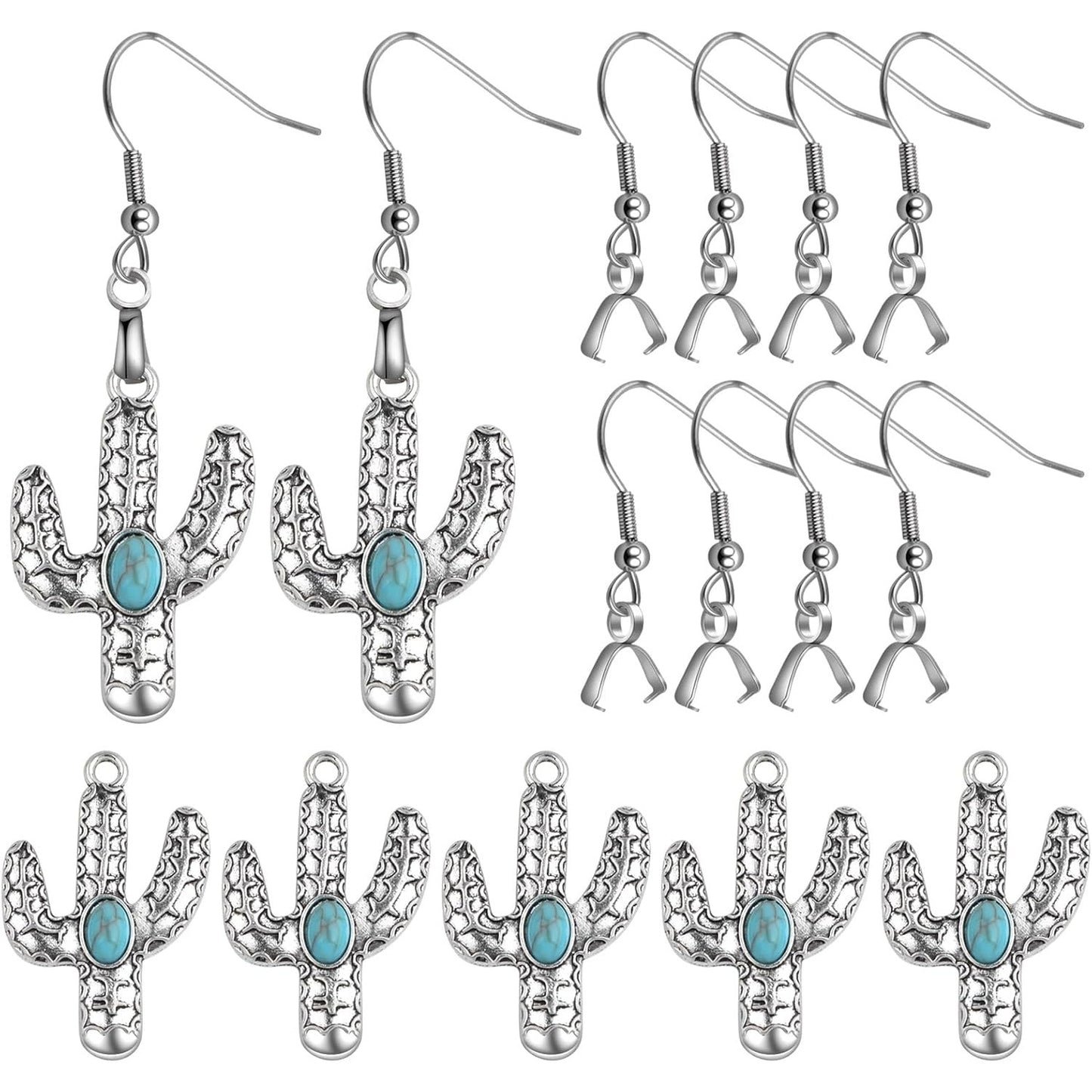 10pcs Alloy Turquoise Cactus Charms Vintage Tropical Theme Cactus Summer Desert Plant Pendants and 10pcs Silver Earring Hooks with Pendant Clasps for DIY Earrings Jewelry Making