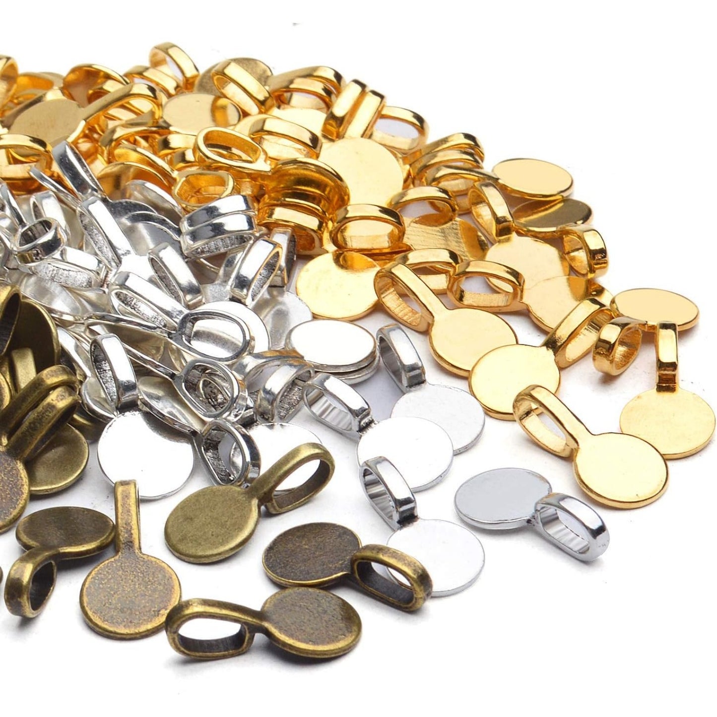 Tibetan Round Glue-on Bails Pendants, 150pcs Alloy Flat Pad Bails Pendant Cabochon Jewellery Findings Fit Necklace Bracelet Earring, 18x10mm, Golden, Silver, Bronze