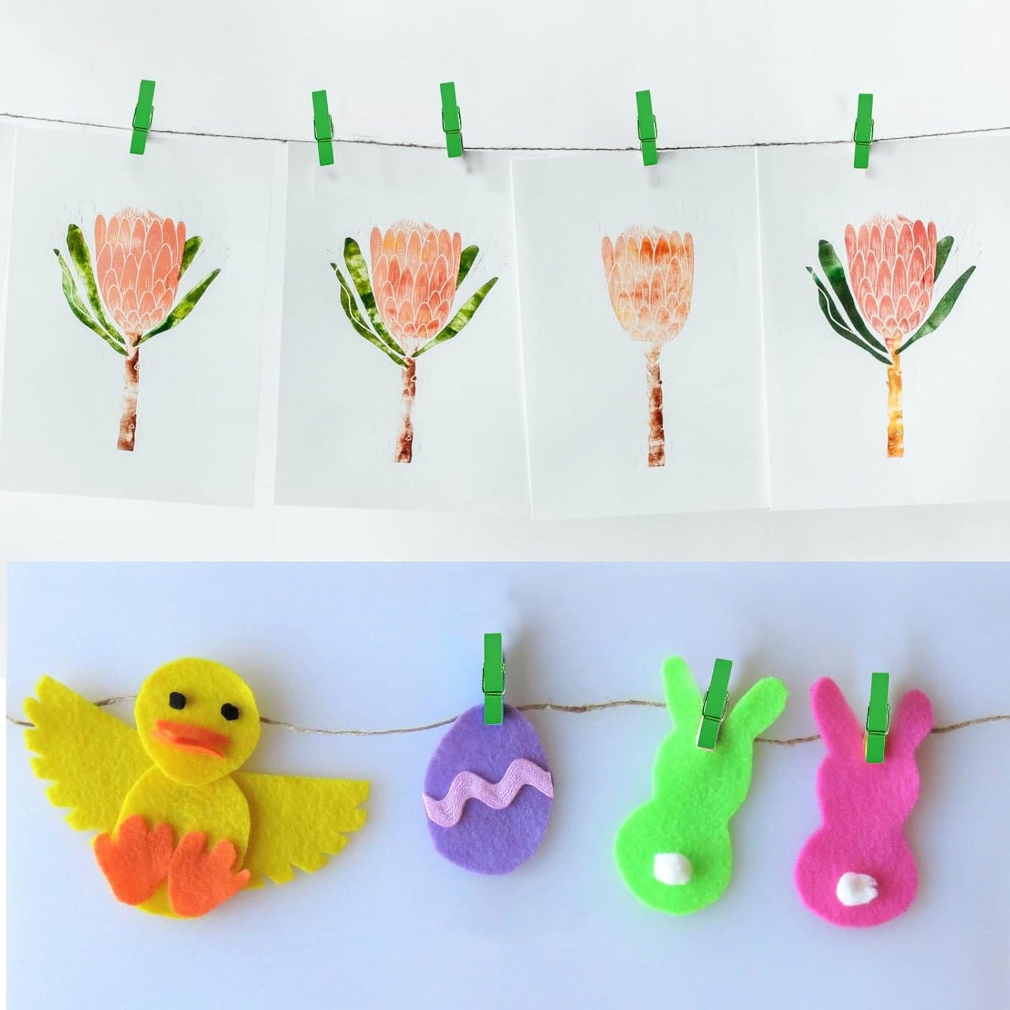 50pcs Small Wooden Clips Tiny Picture Photo Pegs Clothespins Decorative Craft Wood Clips with 50 M Jute Twine for Photo Display Picture Hanging Home Art Crafts Decor, Green