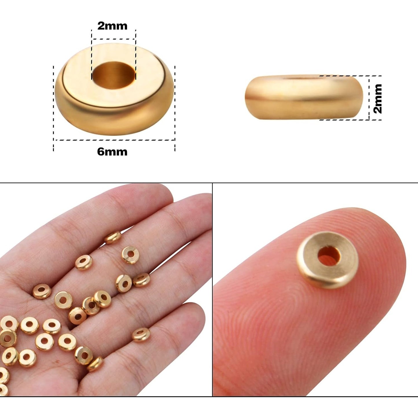 Flat Round Spacers Beads, 200pcs 6mm Gold Flat Bead Spacers Brass Abacus Beads Loose Beads Spacer Charm Beads for DIY Jewelry Crafts Making Accessory