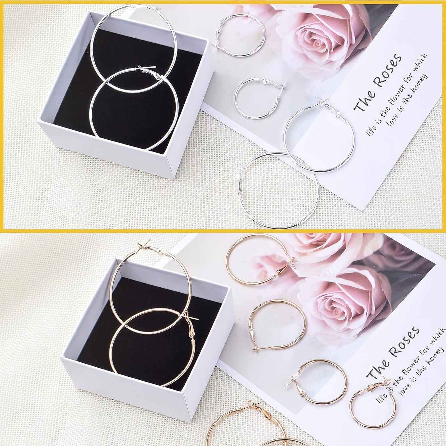 12 Pairs 6 Sizes Beading Earring Hoop Round Earrings Hypoallergenic Hoop Earrings Open Beading Hoop Earring Findings for DIY Crafts Gift Wedding Party Festival Favor(Gold, Silver)