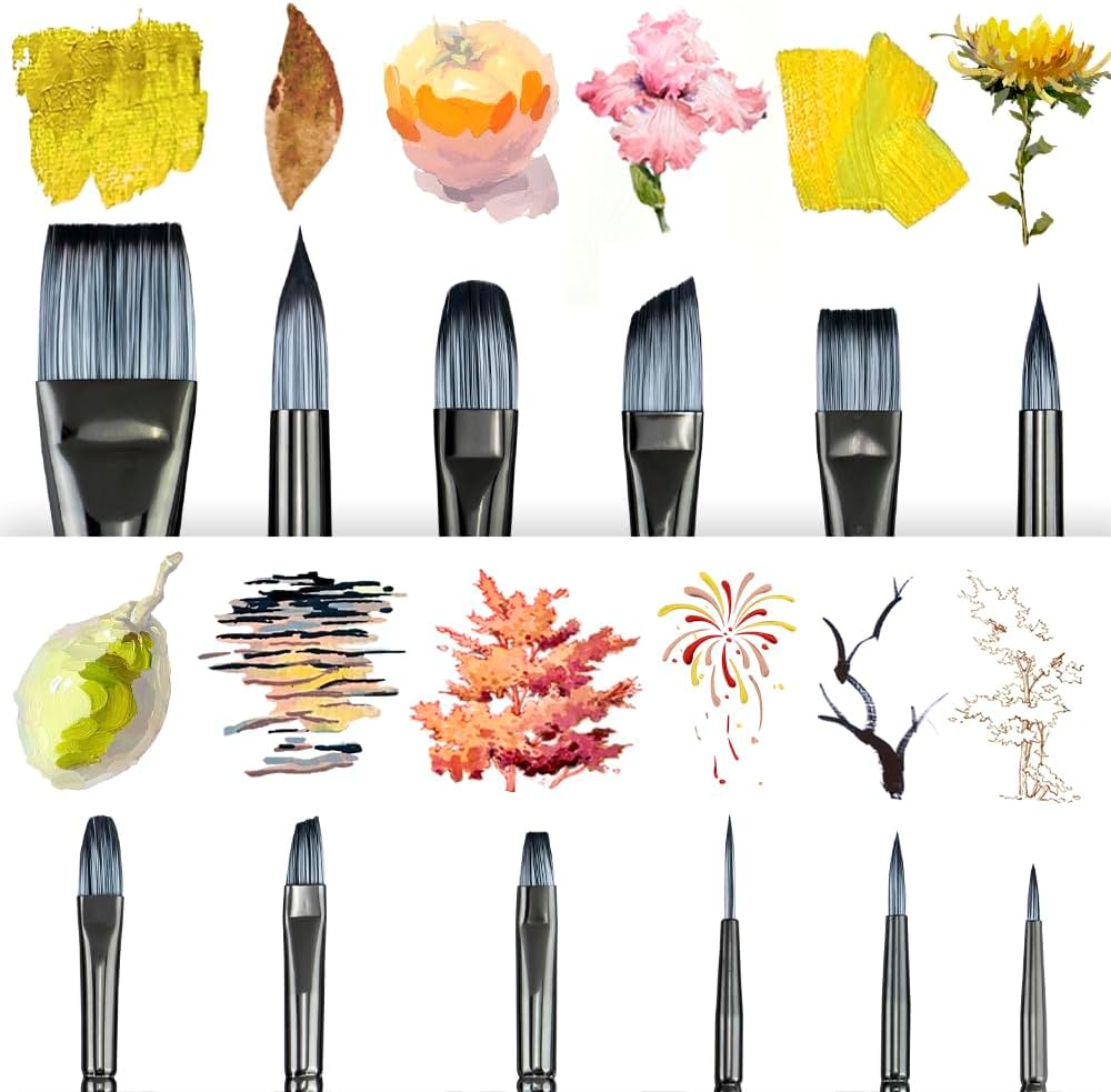 HENDEVL  Artist Paint Brush Set of 12 for Watercolor Acrylic Gouache Oil and Tempera Painting