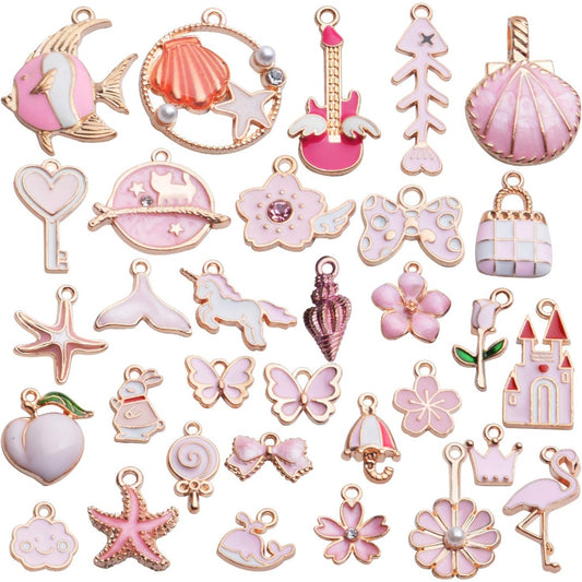 Enamel Charms,31pcs Pink Enamel Charms Flower Starfish Butterfly Cat Conch Jewelry Finding for DIY Necklace Bracelet Keychain