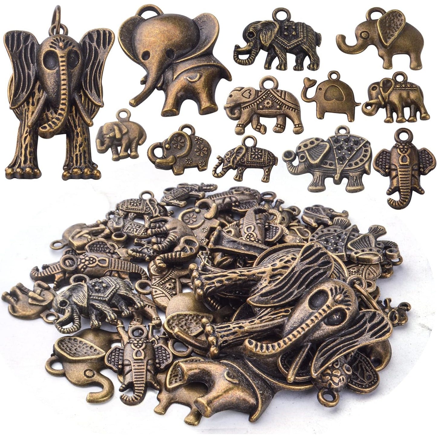 100g Antique Bronze Elephant Charm Pendants Tibetan Alloy Animal Charms Elephant Bead Charm Craft Supplies for Jewelry DIY Necklace Bracelet Making Accessory, Mixed Styles