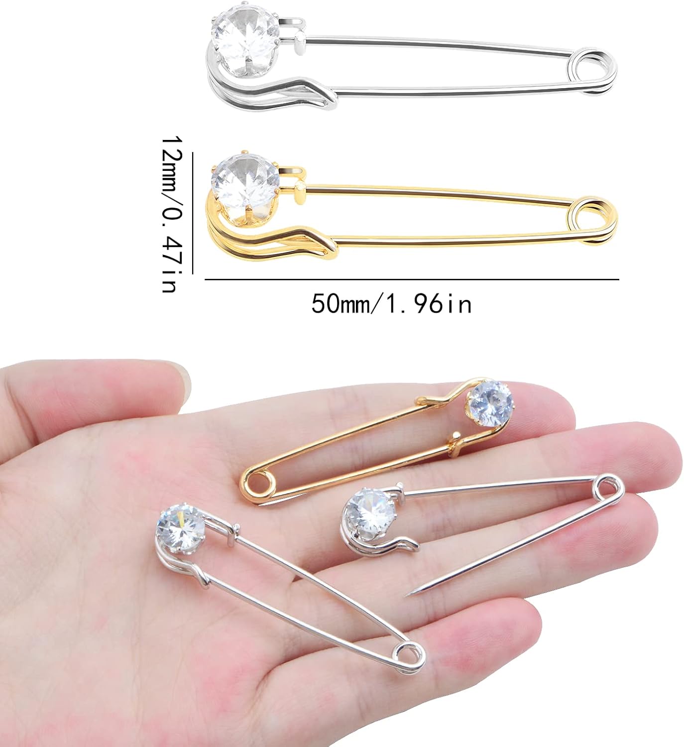 Aylifu 10pcs 5 cm / 2 Inch Rhinestone Safety Pins Metal Heavy Duty Crystal Blanket Pins Large Safety Pins for Clothes Blankets Skirts Sweater Scarf Crafts Kilts, 2 Colors